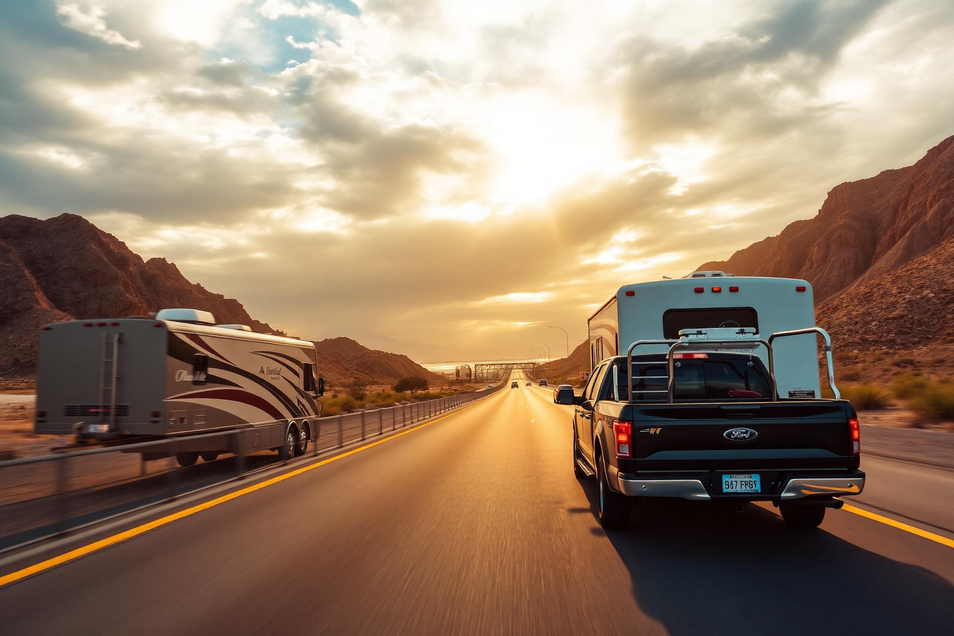 RV and pickup with boat trailer driving on a Mexican coastal highway at sunset